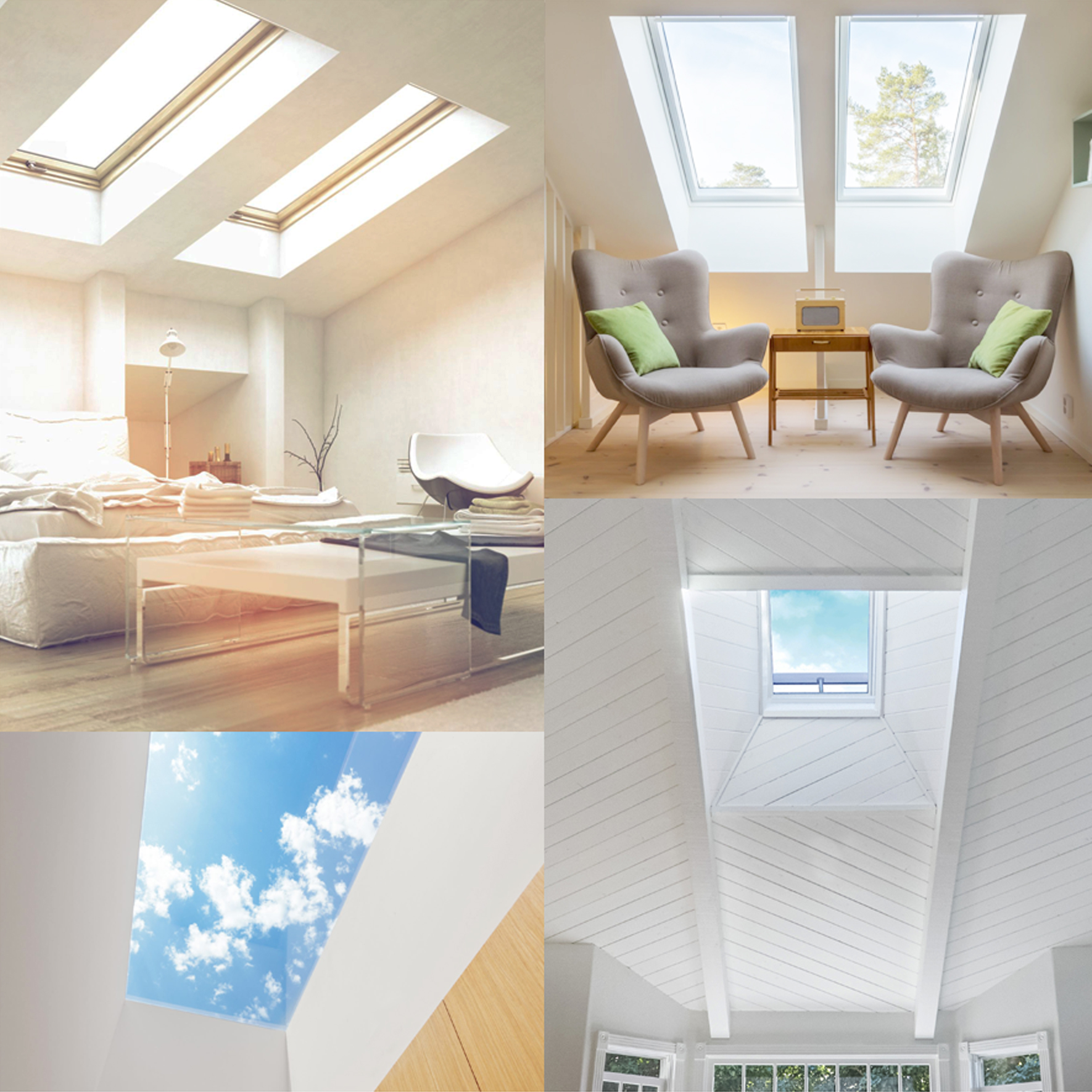 Pictures of Solatube skylights in various living spaces.