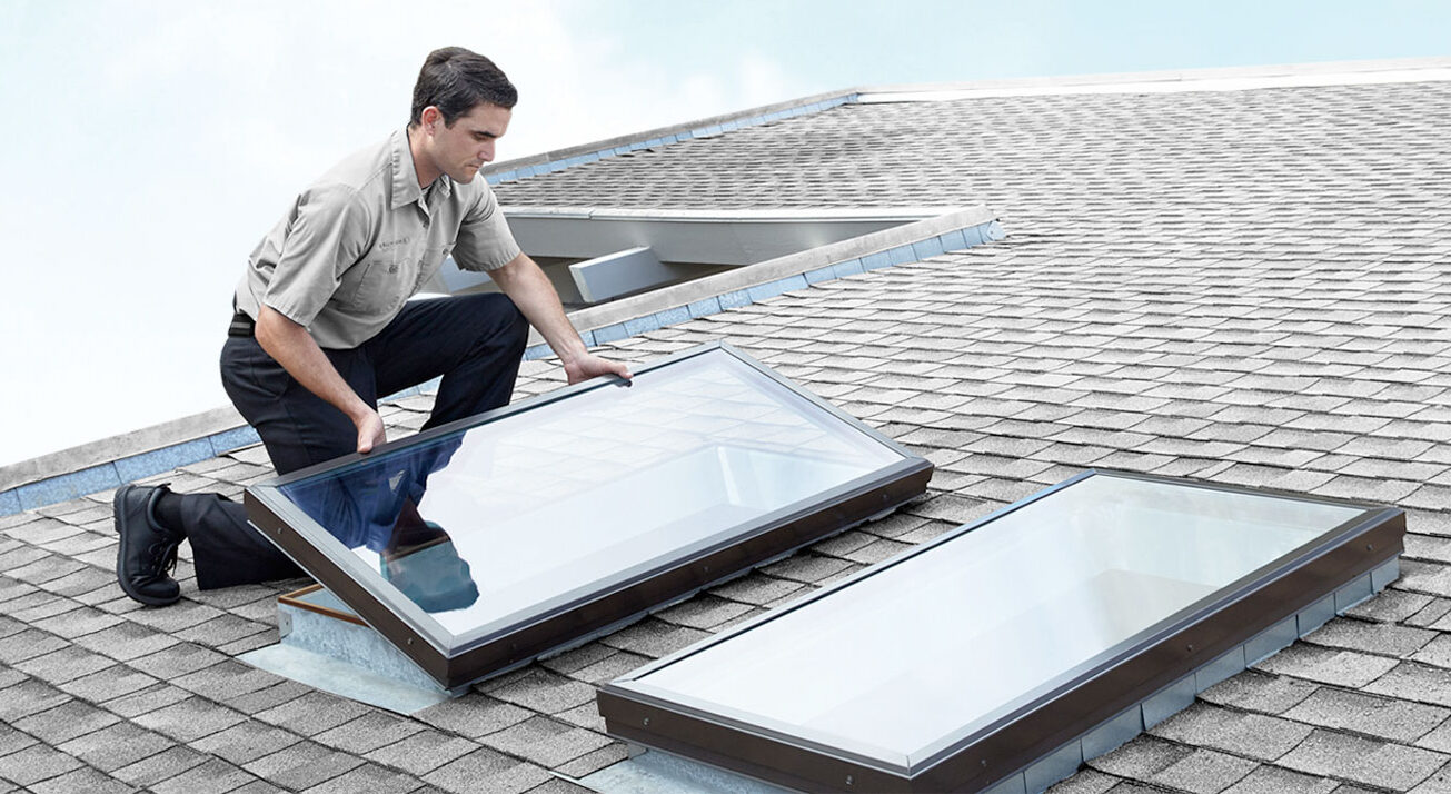 Man replacing a skylight on a roof.
